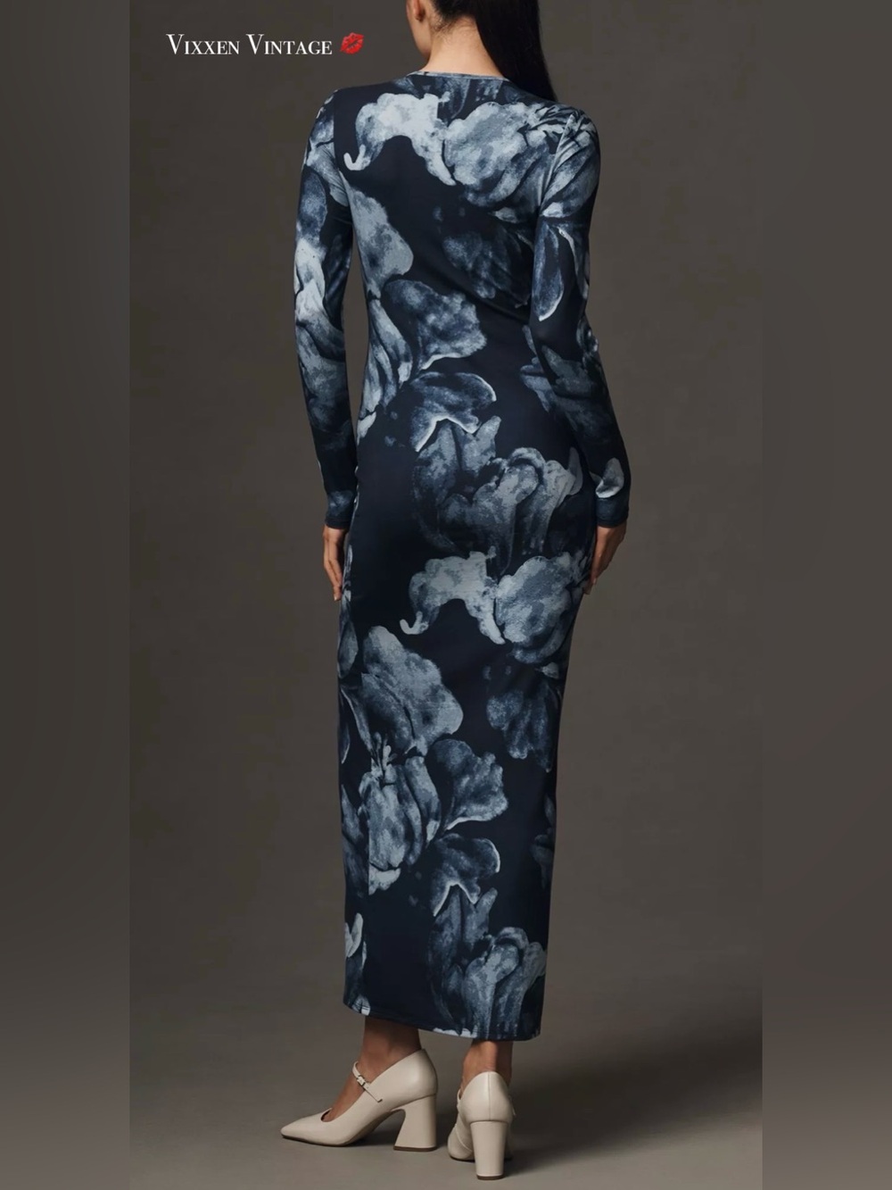 REFORMATION LONG SLEEVE COLUMN 'TOMMIE KNIT DRESS' IN MIDNIGHT ROSE - BLUE - Picture 6 of 7